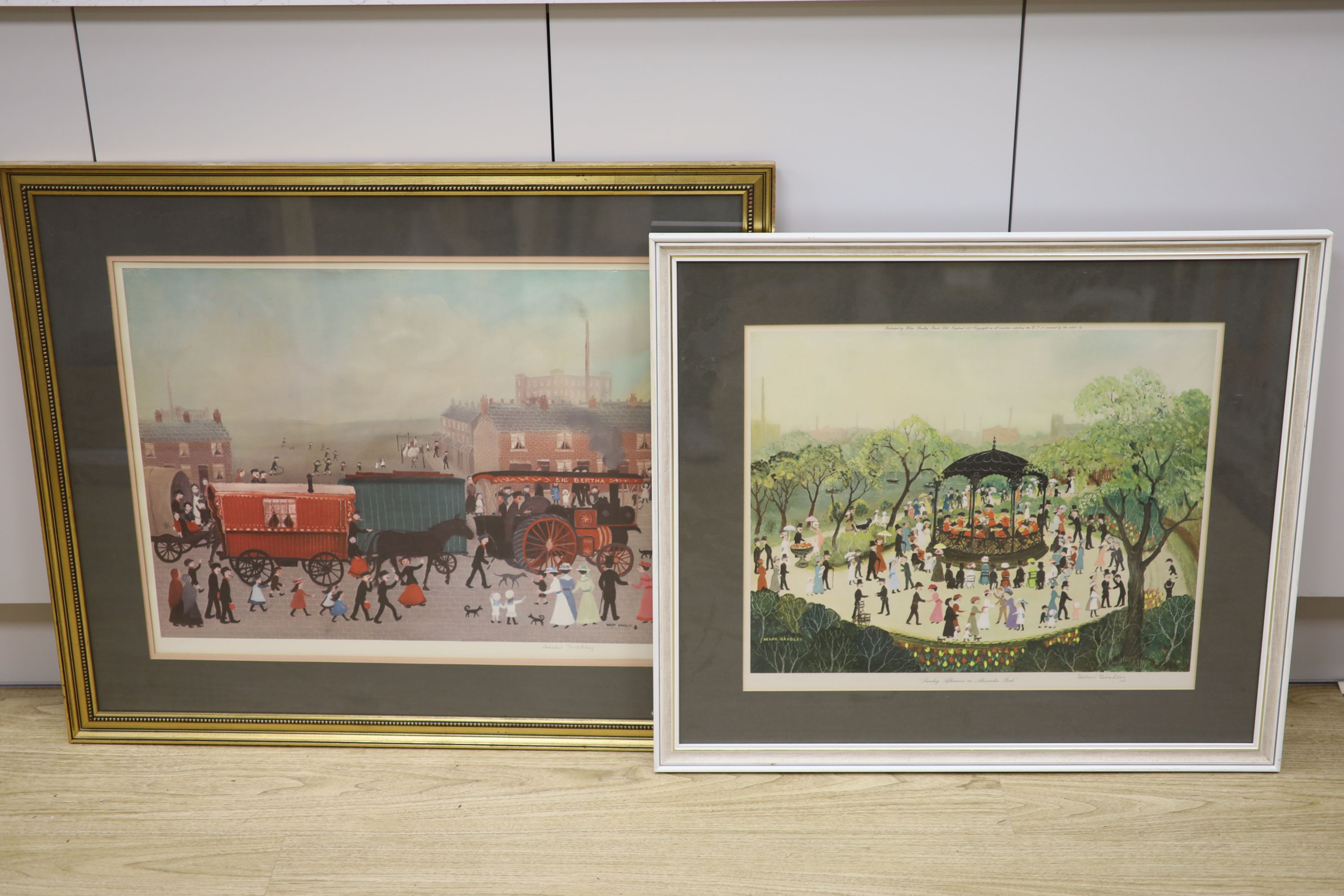 Helen Bradley, two signed prints, 'Big Bertha Comes to Lees' and 'Sunday Afternoon in Alexandra Park', both signed in pencil, 48 x 62cm and 43 x 52cm